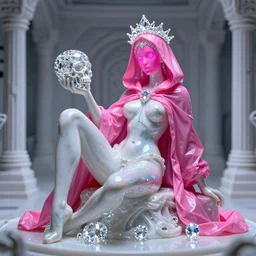 photo of fullbodied baroque and bladerunner delicate neon diamond sculpture of seductive ceramic albino marble christian santamaria bem dotado mint iridescent humanoid deity wearing pink plastic trashbag hooded cloak holding diamond skull in a white alien dungeon, reclining con las piernas abiertas, glowing magenta face, crown of white diamonds, cinematic lighting, photorealistic, octane render 8 k depth of field 3 d