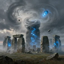 masterpiece painting of giant monsters building stonehenge, pieces scattered falling over, glowing bluestones, wrapped in swirling fog, swirling dust particles, cinematic shot, volatile weather, chaos, mysterious, dynamic, dusk, concept art, by greg rutkowski