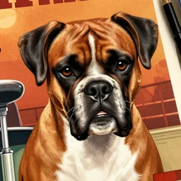 detailed illustration of a boxer dog on a movie poster