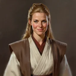 portrait of a jedi master woman by greg rutkowski, french features, smirk, jedi robes, star wars expanded universe, she is about 6 0 years old, wearing jedi robes, highly detailed portrait, digital painting, artstation, concept art, smooth, sharp foccus ilustration, artstation hq