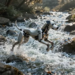 robotic dog leaps over a raging river