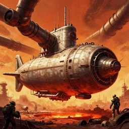 a bulbous space-station with massive piping inspired by a nuclear reactor submarine and maschinen krieger, ilm, beeple, star citizen halo, mass effect, starship troopers, elysium, iron smelting pits, high tech industrial, warm saturated colours