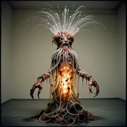 a perfect photograph of an ornately decorated squid sculpture of a haunted, exploding, man, vile saliva jets erupting all over his head and draped in a million plastic tubes over his illuminated, pathetic, purulent ragged body. 3 5 mm film, studio lighting and gallery quality