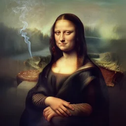 photographic portrait of wrinkly sad max ernst mona lisa dried melting floral fungus with spiraling cigarette smoke, in fog, medium long shot