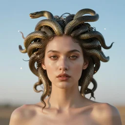 muted, minimal, african plains, a cyberpunk close up portrait of cyborg medusa, electricity, snakes in hair, sparks, bokeh, soft focus, skin tones, warm, sky blue, daylight, by paul lehr, jesper ejsing
