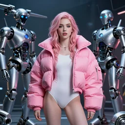 beautiful portrait, bell delphine, wearing oversized pink puffy bomber jacket and white leotard, futuristic chrome drones, ultra realistic, dramatic lighting, robots, the fifth element artifacts, highly detailed by peter mohrbacher, wayne barlowe, boris vallejo, aaron horkey, gaston bussiere, craig mullins