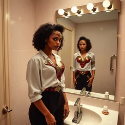 ultra wide angle photo of gugu mbatha - raw dressed in a white blouse and black dress pants as diana prince looking at herself in a bathroom mirror and seeing her reflection as wonder woman