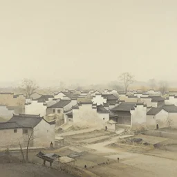 an ancient village, airbrush painting, pale, wide shot,
