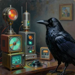 a raven observing 8 0 s era technology, vintage shapes, retro technology, glowing color, wayne barlow, oil on canvas, deep depth of field, masterpiece, cinematic composition, hyperdetailed