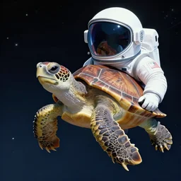 turtle in space with helmet, space helmet on the turtle's head, turtle in space with space suit, realistic photo