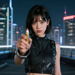 photographic portrait of a techwear woman presenting a bullet, closeup, on the rooftop of a futuristic city at night, sigma 85mm f/1.4, 4k, depth of field, high resolution, full color, award winning photography