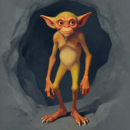 a post - minimalism portrait of a cave goblin with very long legs vibrant color scheme, highly detailed, in the style of romanticism, cinematic, artstation, moebius, greg rutkowski