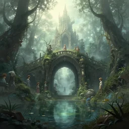 a portal near a pond, a view to an eerie fantasy world, matte painting, ethereal back light, mist, coherent composition, detailed fantasy painting by artgerm, noriyoshi ohrai, yuumei, stephen bliss, unreal engine, fantasy art by greg rutkowski, loish, rhads, ferdinand knab, makoto shinkai, lois van baarle, ilya kuvshinov, rossdraws, tom bagshaw, alphonse mucha, global illumination, radiant light, detailed and intricate environment