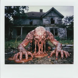 monster, pov, old abandoned house, crawling, meat, ooze, slime, veins, wet, photorealistic, vintage photography, color polaroid