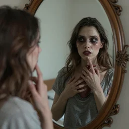touching your heart in your reflection in a mirror hyperrealism creepy