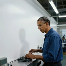 barack obama as a factory worker, in a scientific factory, white walls, smooth painting, 4 k, realistic, dramatic lighting