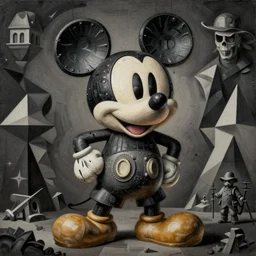 catted deconstructed rugged mickey mouse body parts dark ritual by goya and escher, highly conceptual figurative art, intricate detailed illustration, flat acrylic painting, monumental dynamic illustration, surreal art, detailed illustration