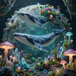 intricate alien ecosystem on a rocky planet, an underwater made out of little vegetation and crystals, a lot of neon mushrooms all around the place. a whale is flying. concept art, intricate details, highly detailed, photorealistic, octane render