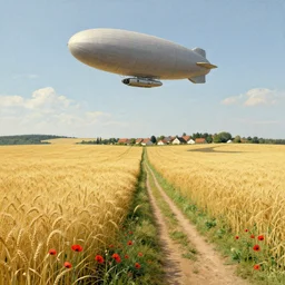immense wheat fields, a path, a small village, poppies, summer sky, carl spitzweg, large dieselpunk flying airships, matte painting, by rozalski, artstation