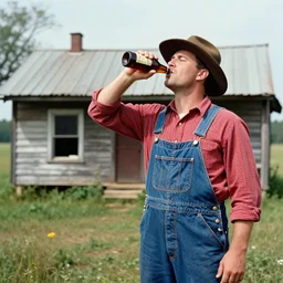 a hillbilly drinking a bottle of beer infront of his shack home, blue overalls, redneck, photograph, 1 9 1 7, colorized, high quality, high resolution