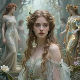 beautiful young goddess by zdzisław beksinski, iris van herpen, jean delville, jeffrey smith, frank cadogan cowper, and alphonse mucha, detailed whimsical ethereal beautiful portrait, shallow depth of field octane render, beautifully lit, visionary, ai biodiversity, otherworldly, spiraldeearts, wonderful majestic dreamscape