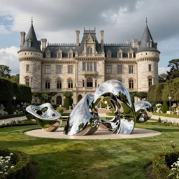giant Italian modern castle formal garden with a modern stainless steel organic shaped modern sculptureswith mirror finish by Tony Cragg, photo by Annie Leibovitz