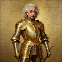 brilliant knight : albert einstein is dressed in ornate, detailed, intricate golden armor and surrounded by detailed, complex mathematical equations, detailed oil painting by william adolphe bouguereau