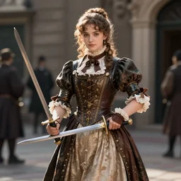 detailed ultrarealistic photography of victorian experienced heroic street warrior girl, dualwielder swords, cinematic, full shot