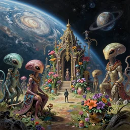 An epic fantastic realism comic book style painting of the space planet environment with beautiful alien creatures, exquisite bouquets from an alien culture, fisheye, unreal 5, DAZ, hyperrealistic, octane render, dynamic lighting