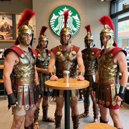 photograph of group of spartan soldiers in a starbucks cafe, 3 0 0, this is sparta