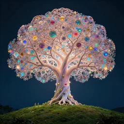 magical intricate glowing tree of life in a hill, centralized, ethereal, rich, fantasy, smooth, sharp focus, high detailed colorful orbs, ultra wide shot, lush colors, by artgerm and alex grey and wes anderson and spike jonze, highly realistic, exquisite ornate, delicate