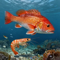 An underwater painting of big Red Fish chasing shrimp in the Galveston Bay, inspired by Guy Harvey, Sport Fishermen Magazine, digital art, insanely detailed, hyper detailed photorealistic, ambient lighting, award winning, stunning