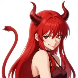 a girl with red hair, red eyes, demon horns and a tail with a devious grin. By JC Leyendecker Phuoc Quan. Makoto shinkai