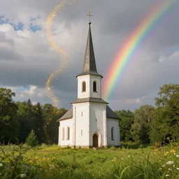 old white church chapel with a steeple in an old green meadow and gold sparkles floating around in the air and sky, swirling clouds, swirling glowing gold dust, lush forest, idyllic landscape, sparkles, rainbow across the sky, ethereal, atmospheric, iridescent, volumetric, unreal engine, ray - tracing, film still, greg rutkowski, artstation, 8 k