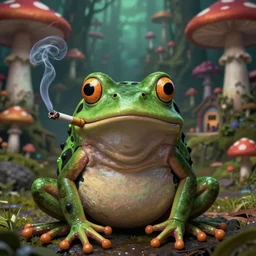 a centered chest up portrait of a psychedelic demonic anthropomorphic frog smoking a hand - rolled cigarette smoking heavily, magic mushroom village in background. award winning. superb resolution. in the art style of junji ito and greg rutkowski. detailed mushroom city in background. hyper realistic anime. perfect art. dalle 2