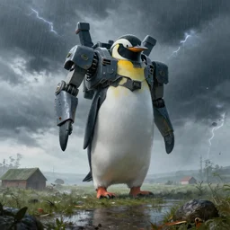 colossal mecha penguin at horizon walking in farm at morning, rain scene, thunderstorm at sky,concept art by simon stålenhag