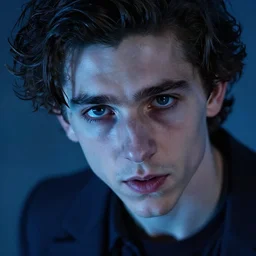 hyperrealistic close-up badass TIMOTHEE CHALAMET! highly detailed concept art eric zener elson peter cinematic hard blue lighting high angle hd 8k sharp shallow depth of field, inspired by David Paul Cronenberg and Zdzisław Beksiński