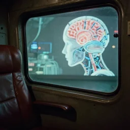 fuji 5 0 r, 3 5 mm ; closeup seinen manga film still of nuclear shelter interior with leather seat side window view like ; in the background projection of beautiful hyperrealistic film still from medical tutor movie of wired cyborg brain map scene in style of 1 9 9 0 frontier in porcelain 3 5 mm photography magazine architectural studio edition, highly detailed, cinematic lighting, 8 k