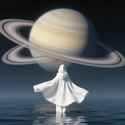 a person wearing a white cloak that's blowing in the wind. they are standing in the water. a large planet with rings is visible in the sky. an album cover by stanley twardowicz, trending on cg society, retrofuturism, retrowave, chillwave, synthwave, 3 d render, unreal engine