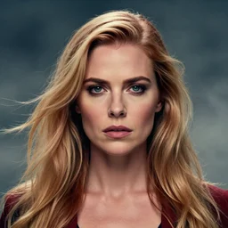 An adult woman with flowing strawberry blonde hair, smoky background, fair skin, intense eyes. Focused. Strong chin. hdr photograph. front centered symmetrical, dramatic lighting, cinematic, establishing shot, high detail, cinematic lighting,