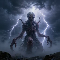 concept art of a slimy cthulhu emerging from a thunder storm, thalassophobia, multiple illuminated lightning!!!, thunder!!!, sharp focus, amazing depth, lovecraftian, by jeremy mann, hr giger, beksinski, unreal engine highly rendered, ominous, unsettling, misty, ultra detailed, dramatic lighting, 8 k