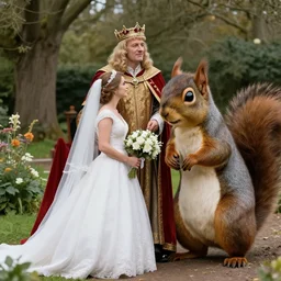 king arthur wearing a crown from arthurian legend getting married to a giant squirrel