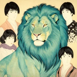 a half upper body portrait of a tealistic lion by shin hanga and kawanabe kyosai and katsuhiro otomo. ukiyo - e shohei otomo and satoshi kon, and greg rutkowski weta studio and lucasfilm, woodblock print, coherent, behance, global illumination, golden ratio, flat colors, thick black outlined,