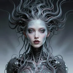 beautiful possessed latin female android fused with lovecraft, cosmic entity, the thing, the blob, cable wires as hair ghostly, portrait, intricate details, by vincent di fate, artgerm, julie bell, beeple and Greg Rutkowski, 80s, concept, Smooth gradients, octane render, 8k, High contrast, duo tone, depth of field, very coherent symmetrical artwork