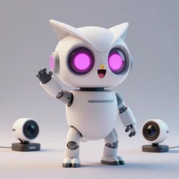 product photo of a futuristic happy surprised robot pet, asymmetric minimalistic cute, by artgerm and greg rutkowski and marc newson and zaha hadid, alphonse mucha, samsung apple webcam, matte glossy materials, neon, owl nycticebus fennec. action pose. three quarter view, volumetric light, detailed, octane render, midsommar