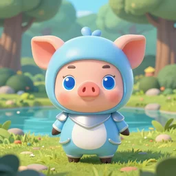 very cute and adorable little piggy knight, big beautiful blue eyes, piglet, fantasy forest landscape, lake, pale blue outfit, plushie, Behance, Pokemon, Artstation, trending on artstation, peach and goma style, milk and mocha style, art of silverfox, Yee Chong Silverfox, Sydney Hanson, Sofya Emelenko, Elina Karimova