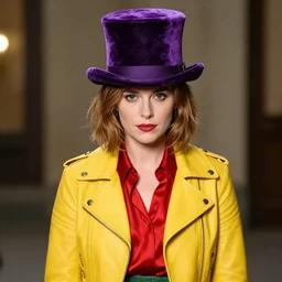 photorealistic portrait headshot photos of kristen ritter wearing a yellow leather jacket, green corduroy pants, a red silk blouse, and purple velvet top hat on her head, photoshoot in the style of annie leibovitz, photorealistic, bokeh