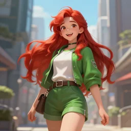 beautiful cute red haired joyful and playful nineteen year old maiden standing up in casual green clothing, modern city, long hair, attractive face and body, rpg character, sci - fi, fantasy, intricate, elegant, digital painting, artstation, concept art, smooth, 8 k frostbite 3 engine, ultra detailed, art by artgerm, magali villeneuve