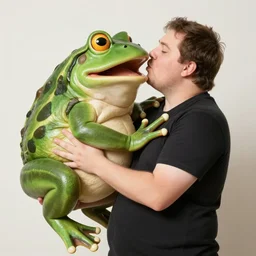 fat man kissing and holding the worlds largest fat screaming frog