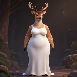photo realistic image of a, tall, slightly fat, sexy, anthropomorphic deer female, wearing a long white dress, stunning 3 d render inspired art by zootopia, highly detailed attributes and atmosphere, dim volumetric cinematic lighting,